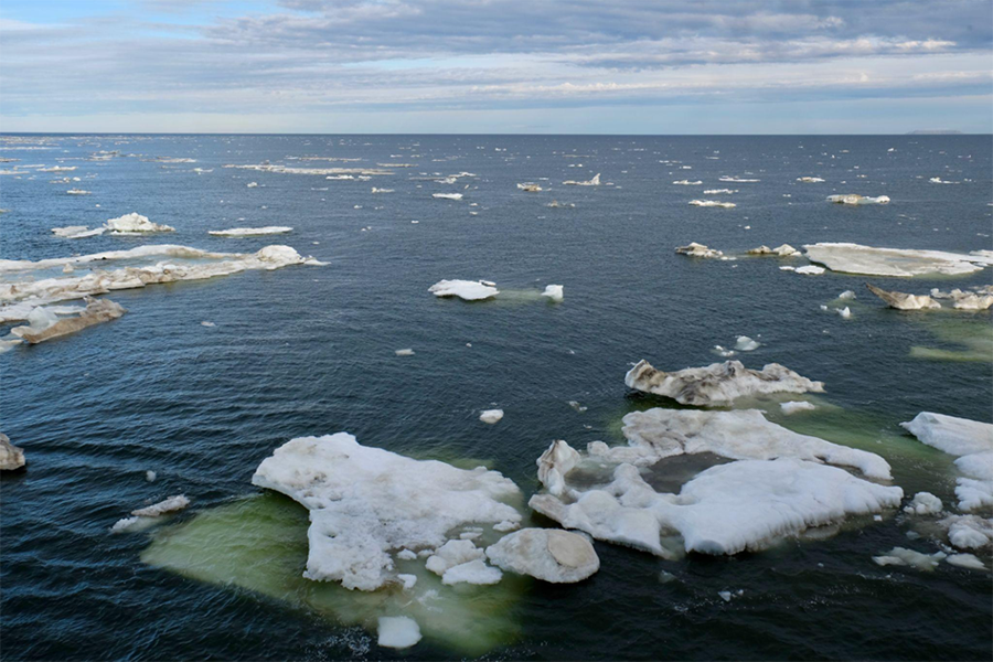 Thin dirty ice flows dot the surface of a dark green ocean, under high, layered clouds