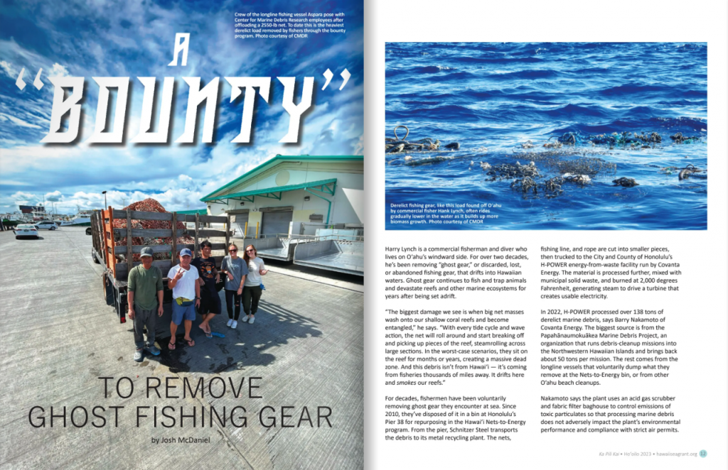 Magazine spread reading 'A bounty to remove ghost fishing gear', picturing four men standing in front of a truck