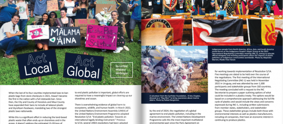 Magazine spread featuring protestors holding signs on a lawn