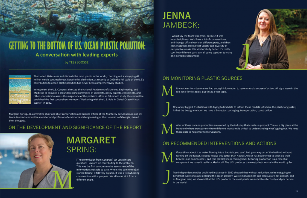 Magazine spread featuring two headshot images of the interviewees, and some marine debris