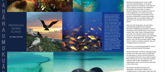 Magazine spread featuring the crystal blue coastline, fish, birds and a seal of Papahanaumokuakea