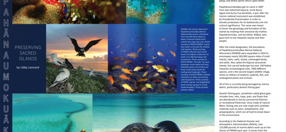 Magazine spread featuring the crystal blue coastline, fish, birds and a seal of Papahanaumokuakea