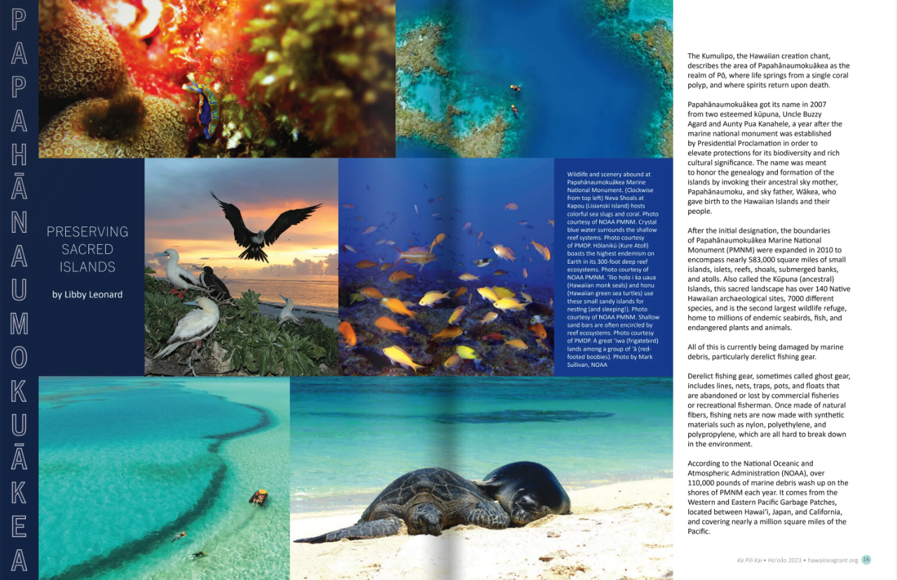 Magazine spread featuring the crystal blue coastline, fish, birds and a seal of Papahanaumokuakea