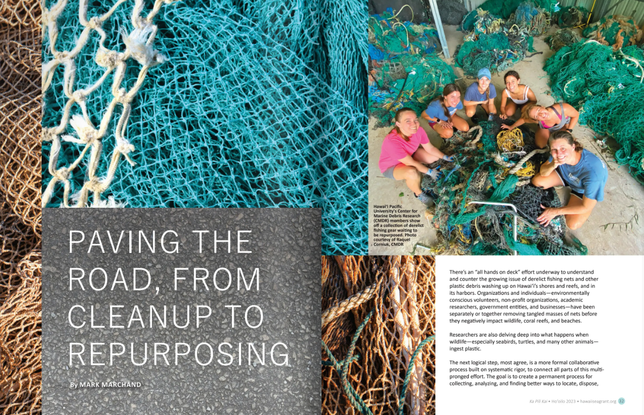 Magazine spread featuring old fishing nets and a group of volunteers