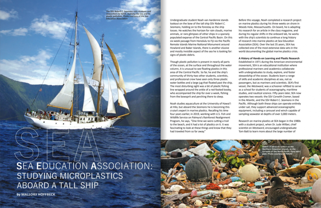 Magazine spread featuring a large sail boat out on the water, and marine debris littering a beach