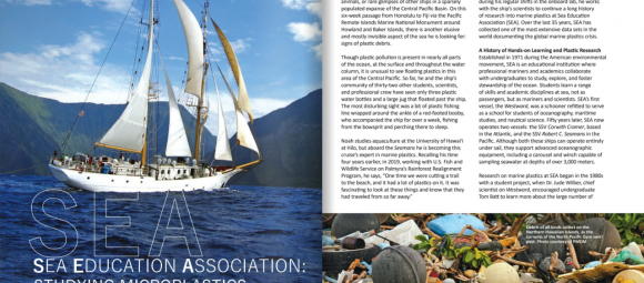 Magazine spread featuring a large sail boat out on the water, and marine debris littering a beach