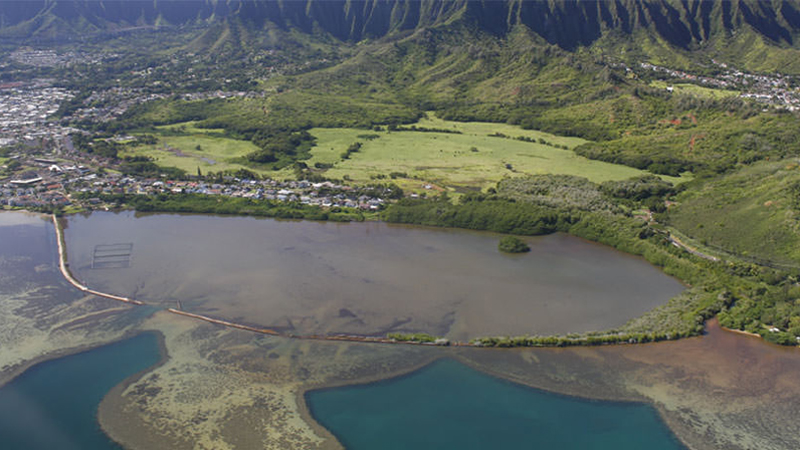 Aerial view of an ahupuaʻa, from the coral reefs on the edge of the bay, an encircled, sediment-laden fishpond, coastal flats with forested and open green spaces, and rising foothills of a steep pali cliff.