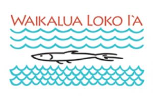 logo with water and a stick drawing of a fish with the words Waikalua Loko Iʻa