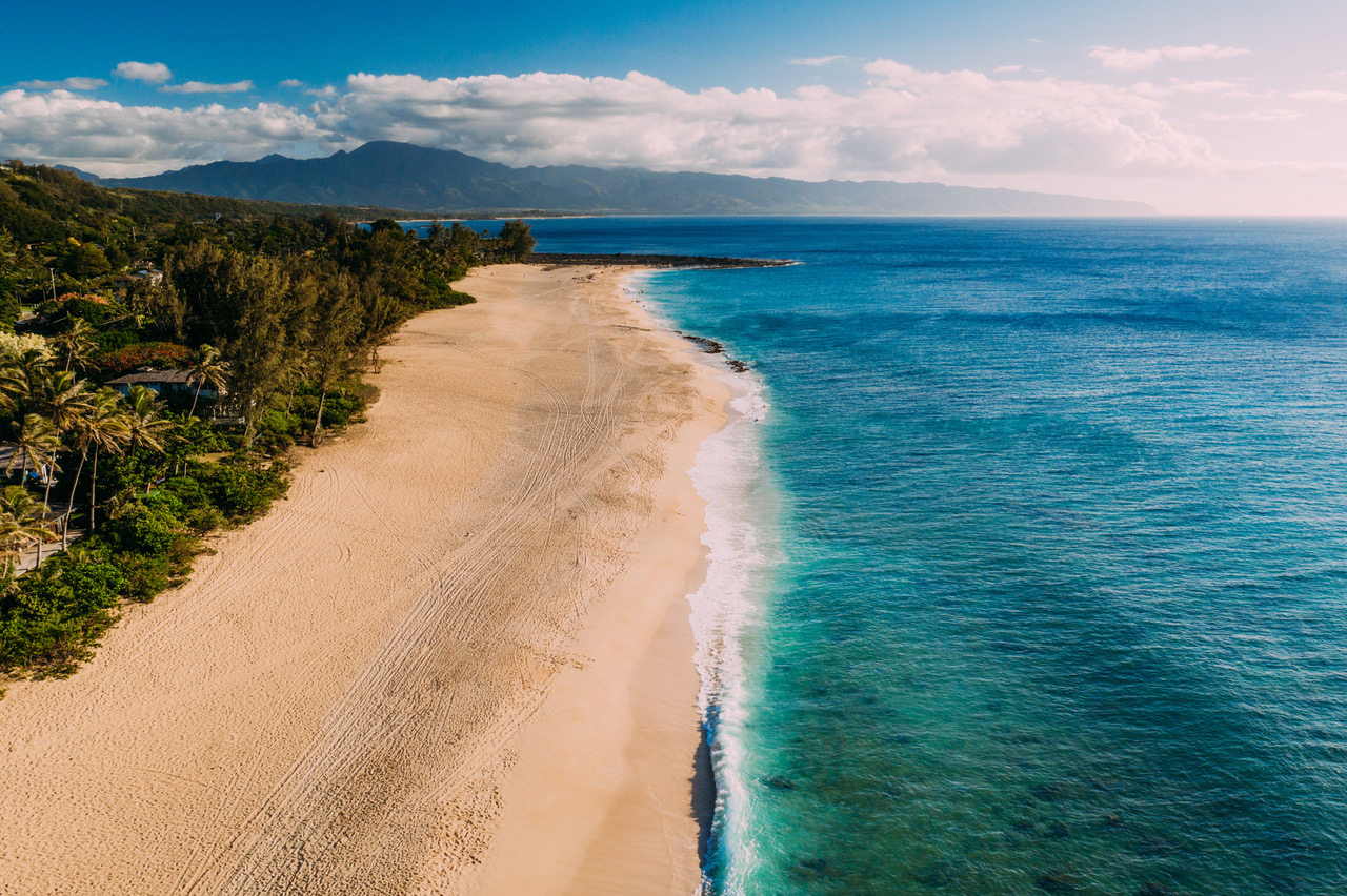 Aerial image of north shore Oahu during the summer months
