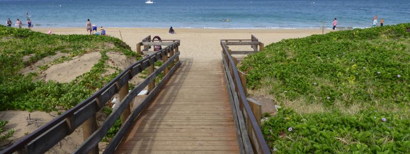 Wooden ramp sits on top of a sand dune with vegetation in Kihei