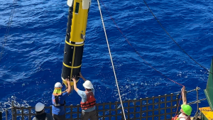 The hadal profiler is lowered into the ocean on a research mission