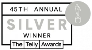 Image of a statue with the words 45th Annual Silver Winner for The Telly Awards